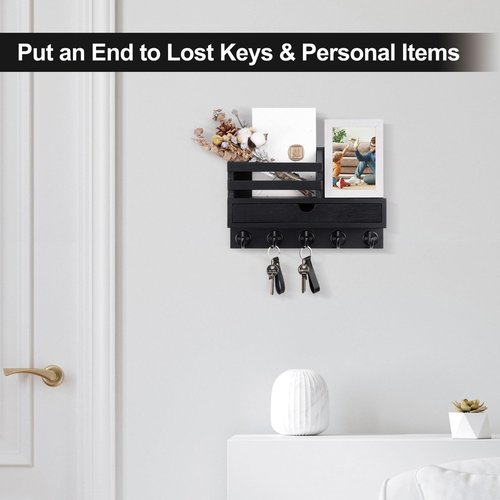 Lucundm Key Holder Wall Mount, Mail Holder with Storage Drawer and 5 Key Hooks for Coat, Dog Leash, Home Decor Rack, House Accessories, Entry Way Organizer