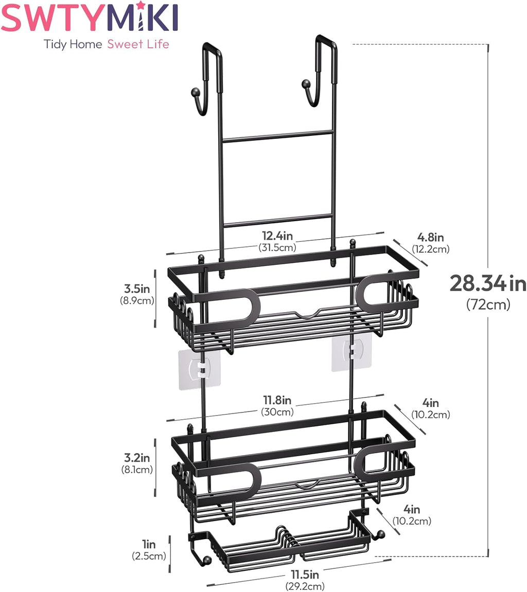 SWTYMIKI Over The Door Shower Caddy - Double Soap Holder & 16 Hooks | No Drilling Bathroom Organizer, Black