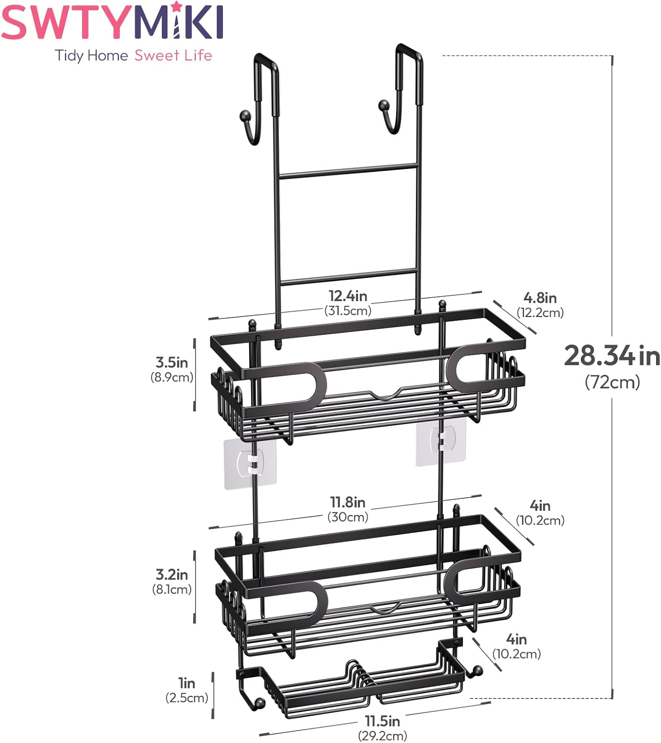 SWTYMIKI Over The Door Shower Caddy - Double Soap Holder & 16 Hooks | No Drilling Bathroom Organizer, Black