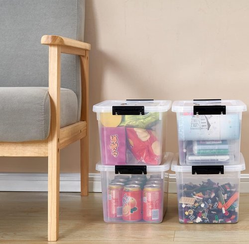 Clear Storage Latch Box - 12 Quart Plastic Organizing Bin with Lid & Black Handles | 6-Pack