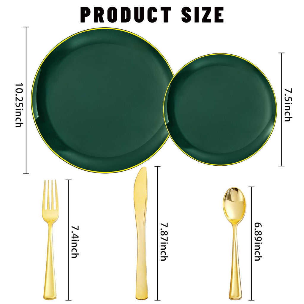 YOUBET 125PCS Green Plastic Plates - Green Disposable Plates With Gold Rim Include 25 Dinner Plate, 25 Dessert Plate, 75 Gold Plastic Silverware for Party Wedding