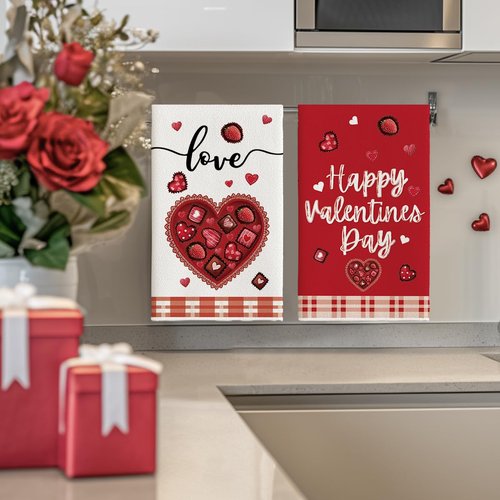 Artoid Mode Strawberry Chocolate Love Heart Valentine's Kitchen Towels Dish Towels, 18x26 Inch Wedding Anniversary Decoration Cleaning Set of 4