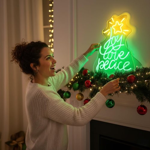 Christmas Tree Neon Sign - USB Powered LED Wall Decor for Peace, Love & Joy | Perfect Holiday Gift