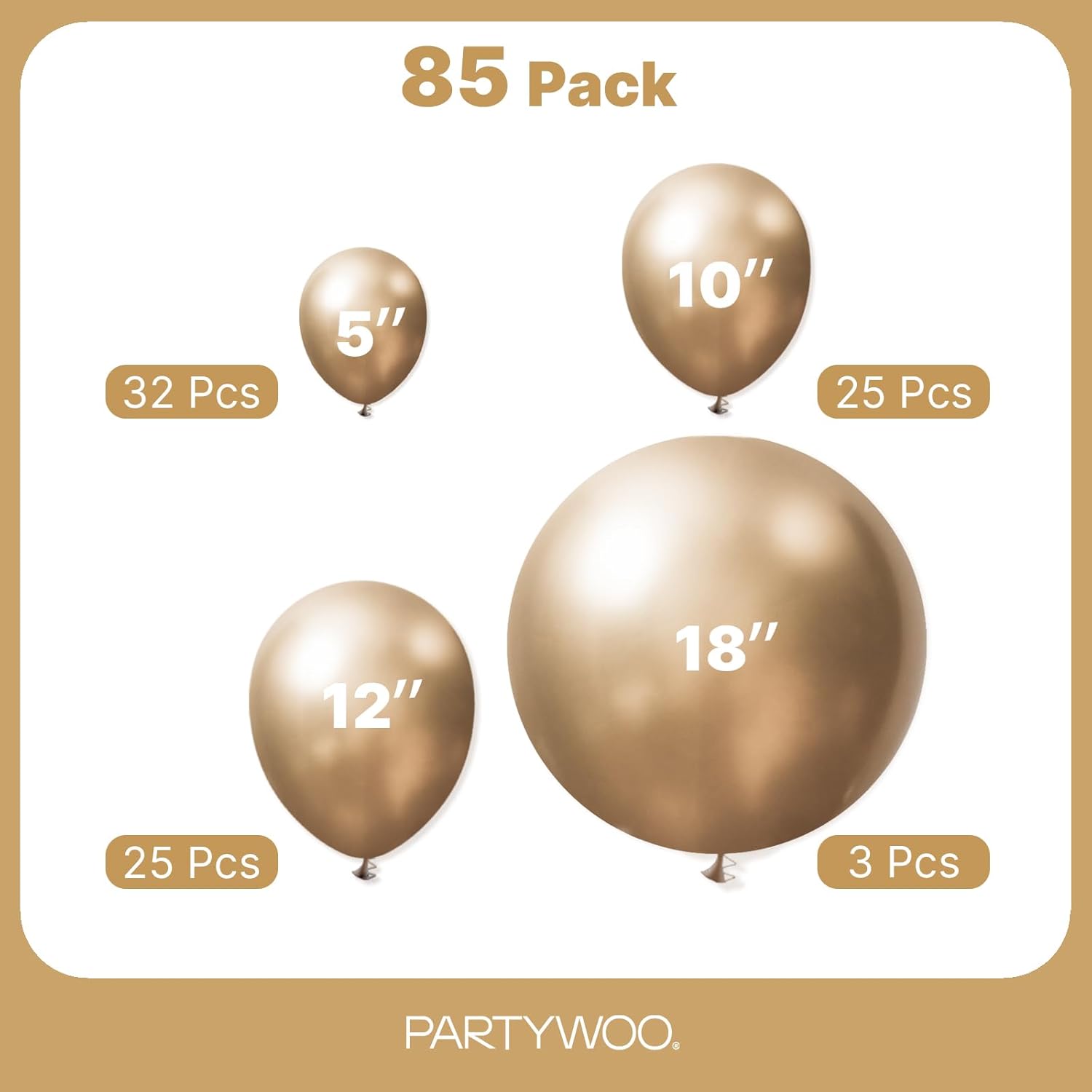 PartyWoo Metallic Gold Balloons - 85-Piece Chrome Gold Balloon Arch Kit for Birthday & Wedding Decor | 18", 12", 10", 5" Sizes