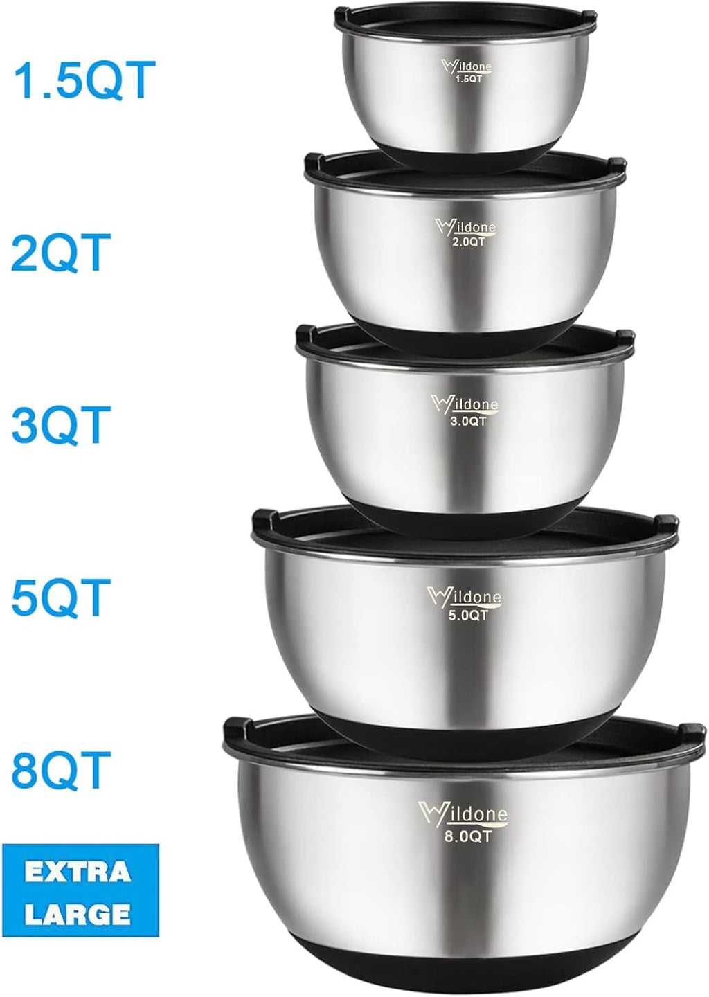 Wildone Mixing Bowls Set of 5 - Stainless Steel with Airtight Lids & Non-Slip Silicone Bottoms | 1.5 to 8 QT