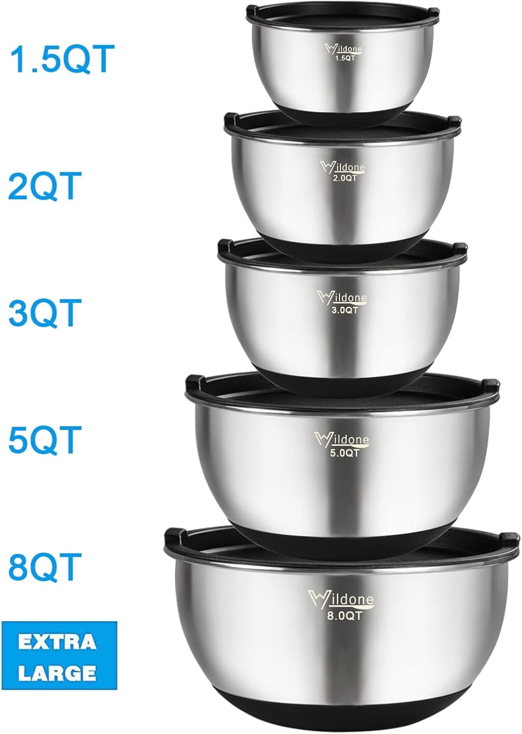 Wildone Mixing Bowls Set of 5 - Stainless Steel with Airtight Lids & Non-Slip Silicone Bottoms | 1.5 to 8 QT