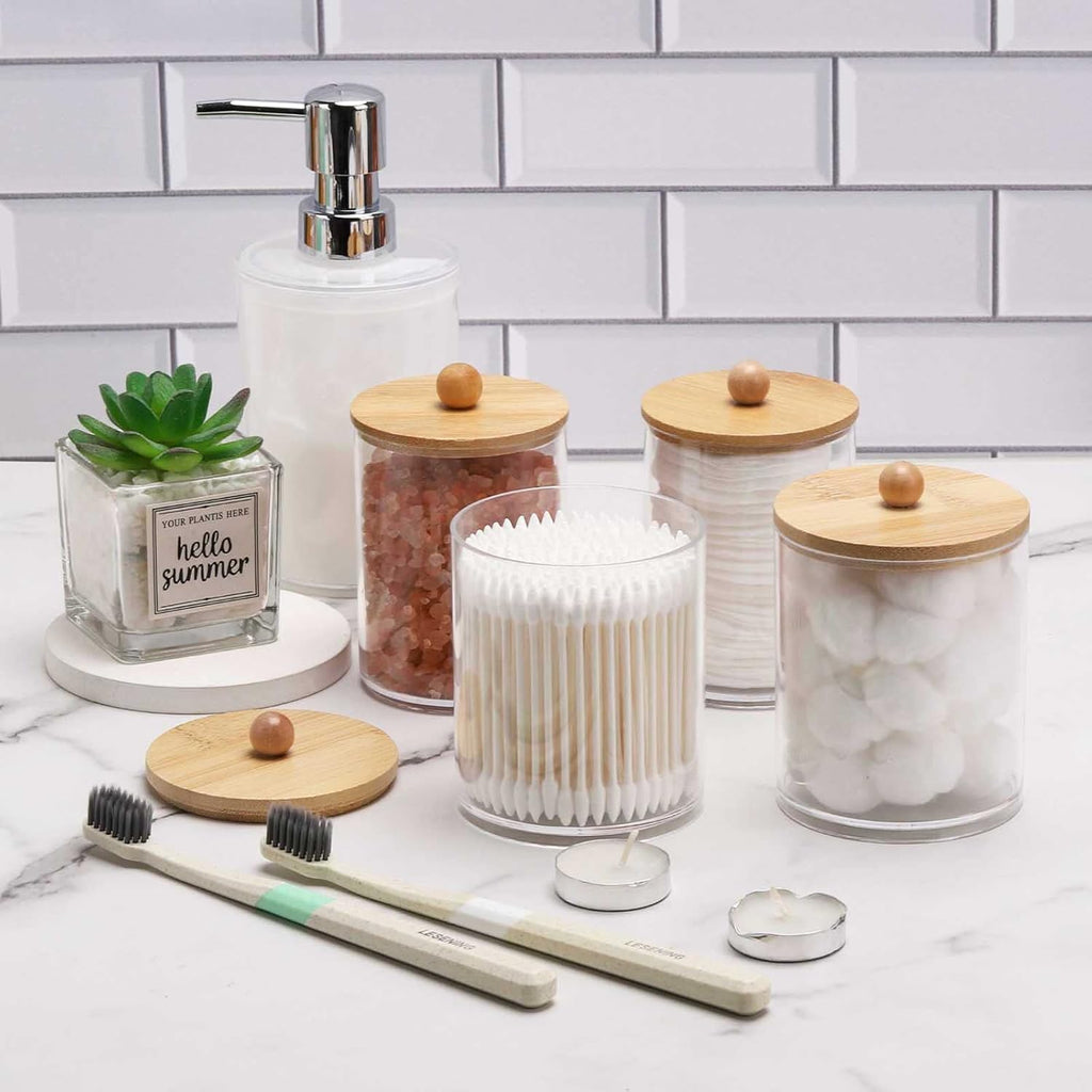 Tbestmax Cotton Swab Holder Dispenser - 4 Pack Clear Plastic Apothecary Jars with Bamboo Lids (12oz, 10oz)