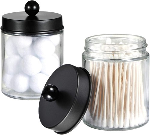 Amolliar Apothecary Jars Set - 4 Pack Bathroom Storage Canisters with Stainless Steel Lids & Cute Stickers | Black Qtip Dispenser for Cotton Swabs & Makeup Sponges