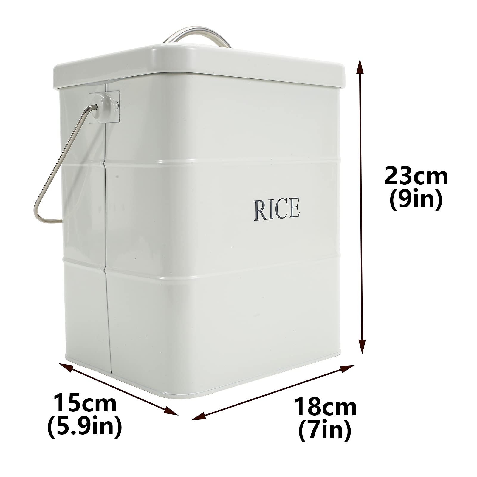Xbopetda Metal Rice Storage Box, Square Rice Container with Lid and handle, Sealed Food Storage Bin for Kitchen, Countertop Organizer Jar for Rice Flour Soybean Grain Cereal-White