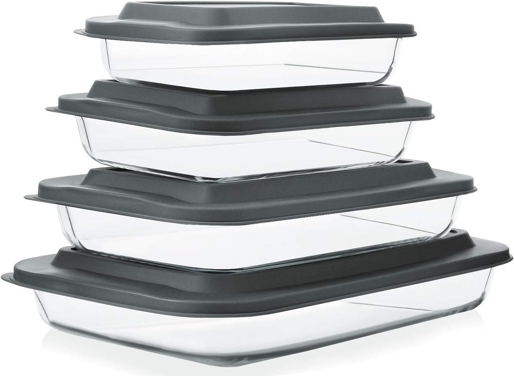 Regine Switzerland 8-Piece Deep Glass Baking Dish Set - Rectangular Bakeware with Lids for Lasagna & Leftovers | Freezer-to-Oven Safe, Gray