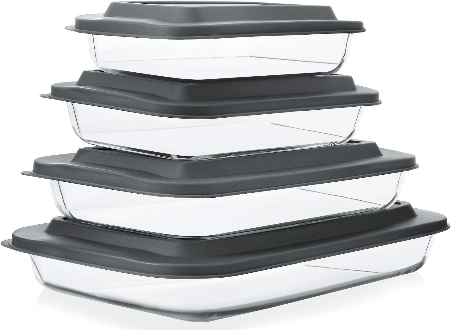 Regine Switzerland 8-Piece Deep Glass Baking Dish Set - Rectangular Bakeware with Lids for Lasagna & Leftovers | Freezer-to-Oven Safe, Gray
