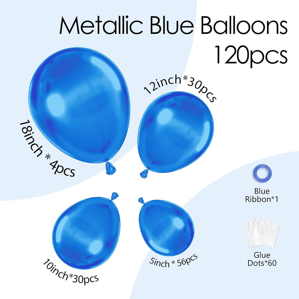 Skiennix Metallic Blue Balloons - 120-Piece Set in Various Sizes for Graduation, Baby Shower & Wedding Decor