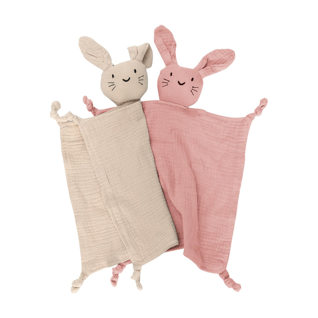Organic Cotton Muslin Bunny Lovey Blanket, Soft & Breathable Security Blanket for Newborns, Unique Baby Gifts for Boys and Girls, 2 Pcs Set (Pink&Khaki)