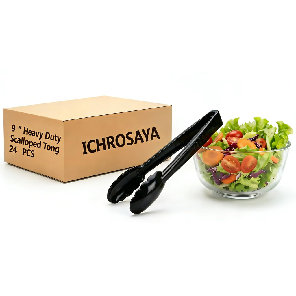 ICHROSAYA 24 Pieces Plastic Serving Tongs, Scalloped Grip Disposable Salad Tongs, 9" Heavy-Duty Serving Utensils, BPA-Free, Perfect for Buffets, BBQ, Parties & Catering Ice Food, Black