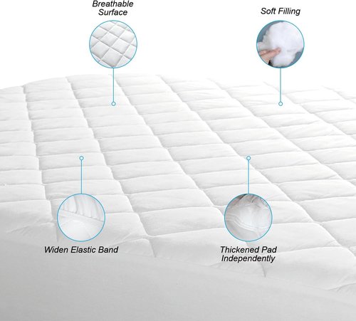 EIUE Quilted Mattress Pad - Breathable Elastic Fitted Topper Protector | Lightweight & Machine Washable, Queen (60x80 in), White