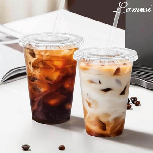 Lamosi 100 Pack Clear Plastic Coffee Cups - 16 oz with Lids & Straws for Iced Beverages | Disposable Drinkware