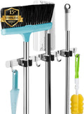 Skiennix Broom and Mop Holder - Wall Mounted Garage Organizer with 3 Racks & 4 Heavy-Duty Hooks | Stainless Steel, Non-Slip