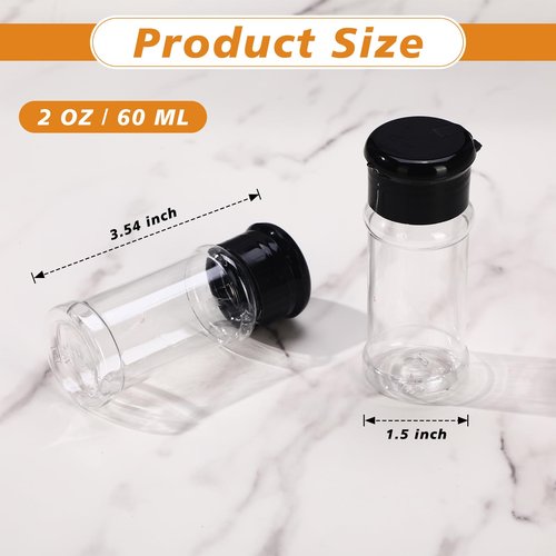 Amyhill 100 Pcs Plastic Spice Bottles Spice Jars with Black Cap Seasoning Jars Shaker 2 Oz/ 60ml Clear Bottle Containers with Shaker Lids for Storing Herbs and Seasoning Powders