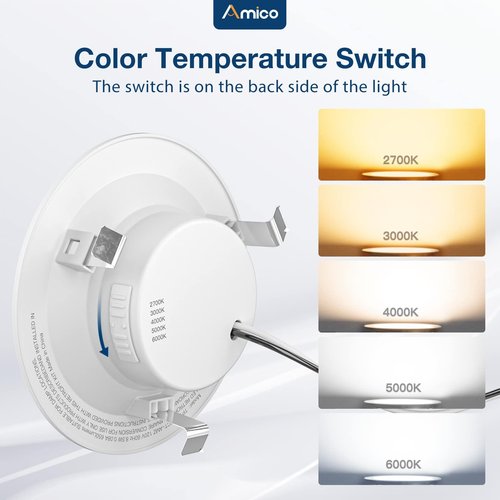 Amico 4 inch 5CCT LED Recessed Lighting 1 Pack, Dimmable, Damp Rated, 9W=60W, 650LM Can Lights with Baffle Trim, 2700K/3000K/4000K/5000K/6000K Selectable, Retrofit Installation - ETL & FCC Certified