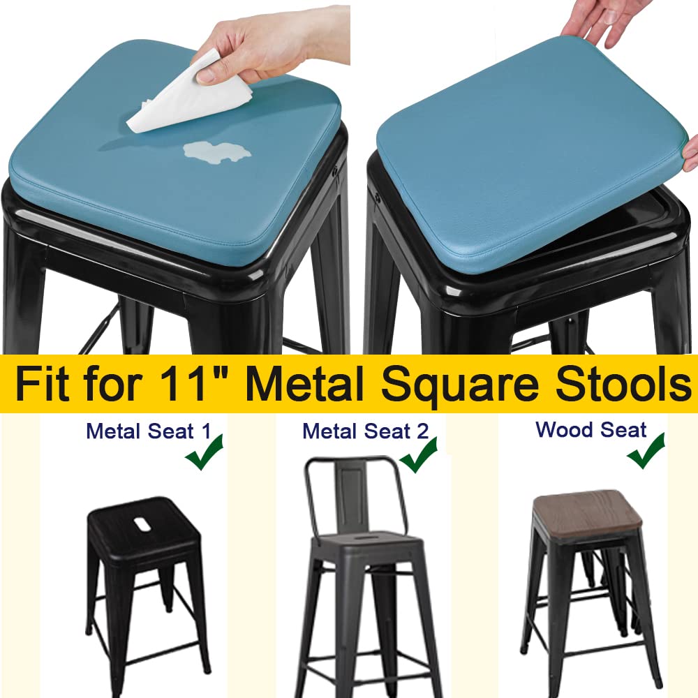 SINOSSO Modern Faux Leather Bar Stool Cushions 4 Pack, Leathaire Magnetic Small Chair Pads for Cafe Bistro Stackable Metal Stools (Square, Blue, 4)