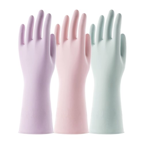 COOLJOB 3 Pairs Colorful Household Gloves with Cotton Liner & Non-slip Grip, Water Resistant Reusable Dish Washing Rubber Gloves for Kitchen & Bathroom Cleaning, Small