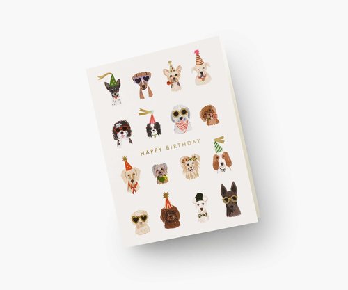 RIFLE PAPER CO. Party Pups Birthday Cards, Boxed Set of 8 Folded Cards with Metallic Gold Envelopes, Full-Color Illustration, Blank Interior, 4.25" L x 5.5" W