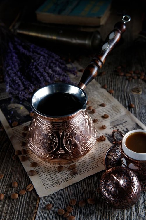 DEMMEX Thickest Copper Turkish Greek Arabic Coffee Pot, Stovetop Coffee Maker, Cezve Ibrik Briki with Wooden Handle & Spoon, Hand Engraved