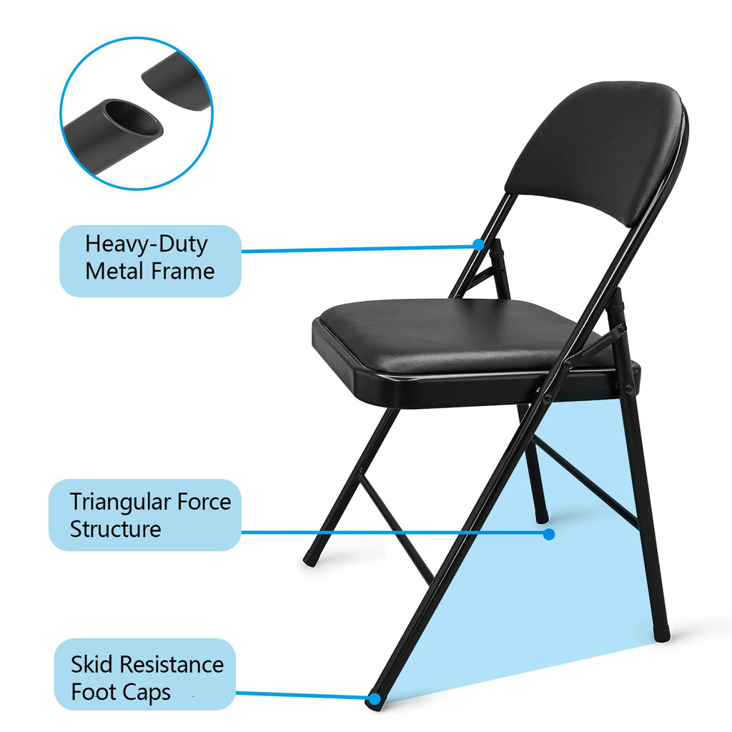 VENI HOME Folding Chairs with Padded Seats,Portable Foldable Chairs Seat with Steel Frame for Home and Office, Wedding Party Events, Black, Set of 4
