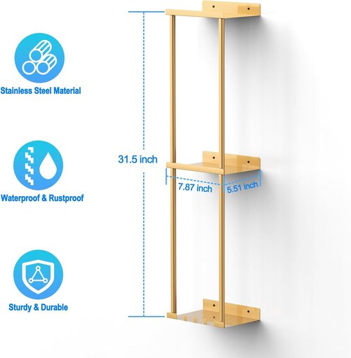 Liuoud Towel Rack - Wall Mounted Vertical Towel Storage Organizer with Shelf | Holds 6 Large Bath Sheets - Gold