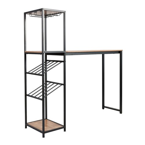 Flash Furniture Jura Metal Bar and Wine Table with Bottle and Stemware Storage, 2 Slanted Bottle Shelves, 3 Stemware Hangers, Waterproof Table Top, Black/Light Brown