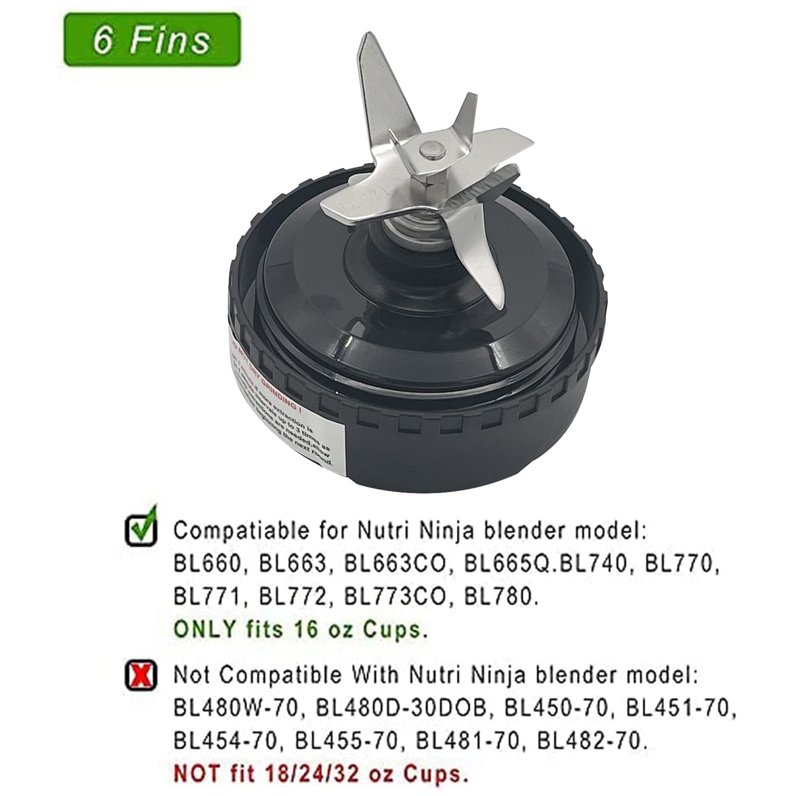6 Fins Blender Extractor Blade Assembly Fits for Ninja 16oz Cup Replacement Compatible with Nurti Ninja BL660 BL663 BL663CO BL665Q BL770 BL770A BL771 BL771C BL772 BL773CO BL780 BL740