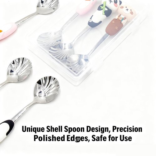 Cute Animal Design Stainless Steel Shell Spoons, Silver and White, Kids Tableware with Decorative Panda and Bear Handles, 3 Pack
