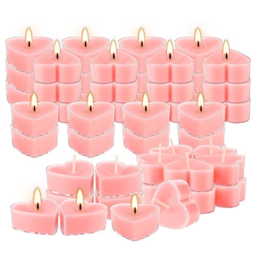 50-Pack Pink Heart Tea Wax (4-Hour Burn) - Rose-Scented Candles for Valentine's Day, Anniversaries, Weeding,Pool Parties & Romantic Decor & Special Occasions.