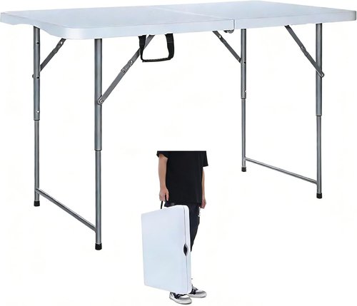 Lakhow Folding Table - 4-Foot Heavy Duty Plastic Utility Table | Portable & Adjustable Height for Indoor/Outdoor Use - White