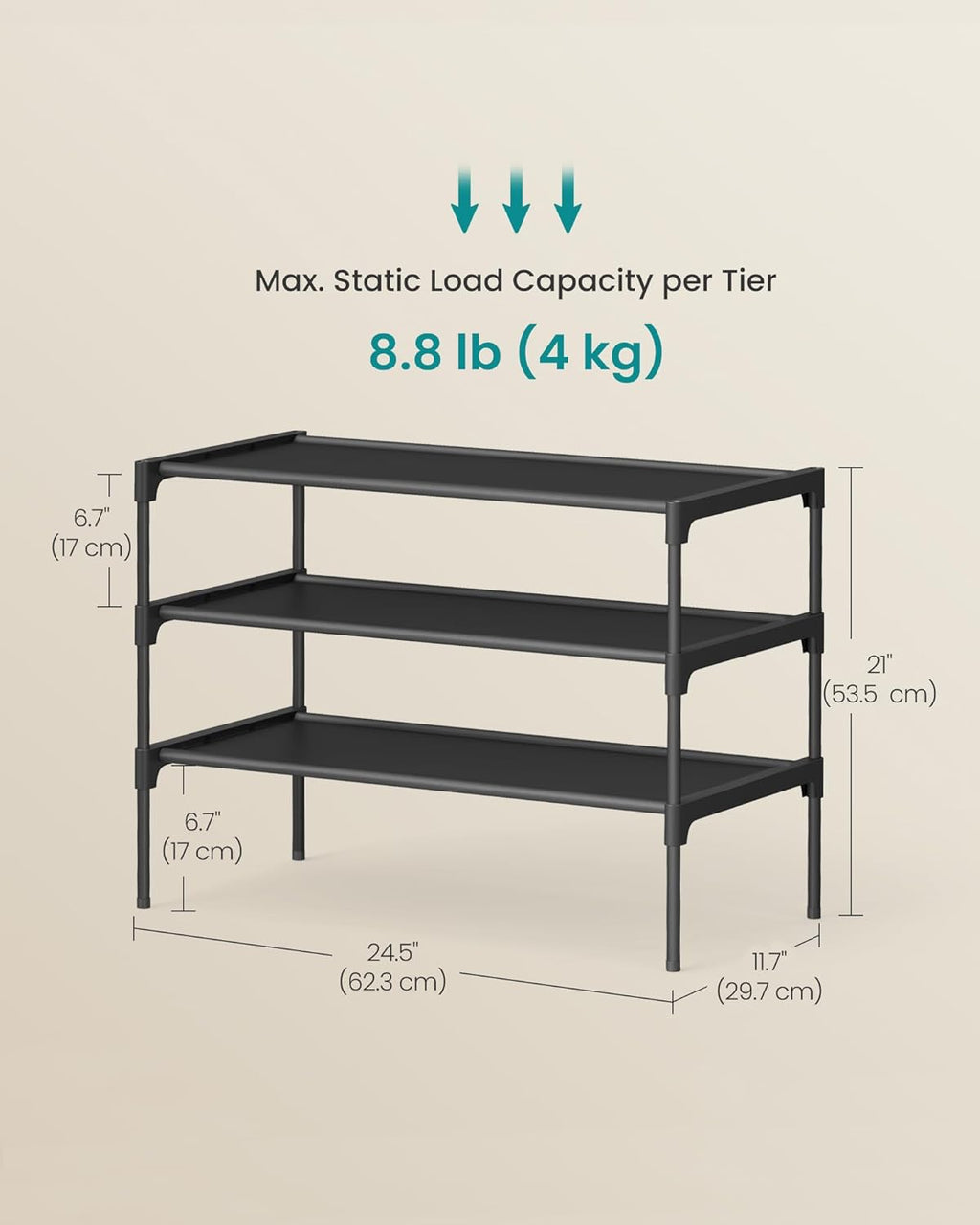 SONGMICS 3-Tier Shoe Rack - Space-Saving Organizer with Metal Frame & Non-Woven Fabric Shelves | Ink Black, 11.7 x 24.5 x 21 Inches