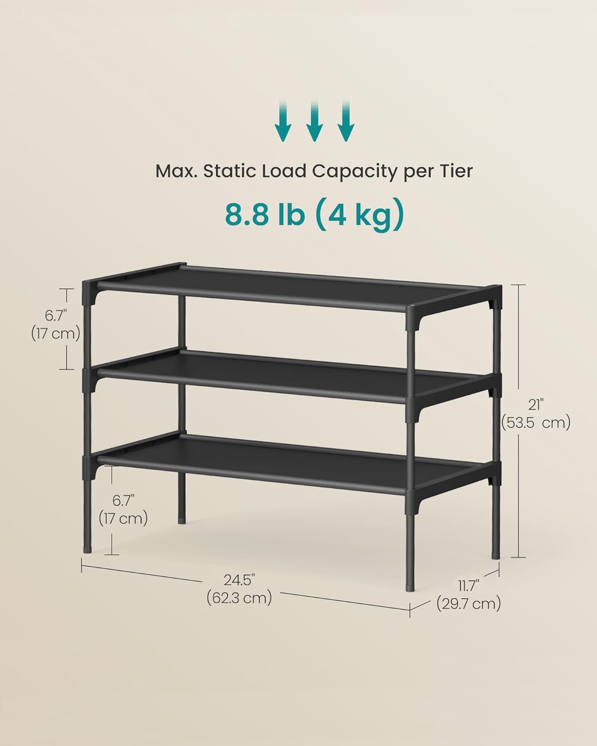 SONGMICS 3-Tier Shoe Rack - Space-Saving Organizer with Metal Frame & Non-Woven Fabric Shelves | Ink Black, 11.7 x 24.5 x 21 Inches