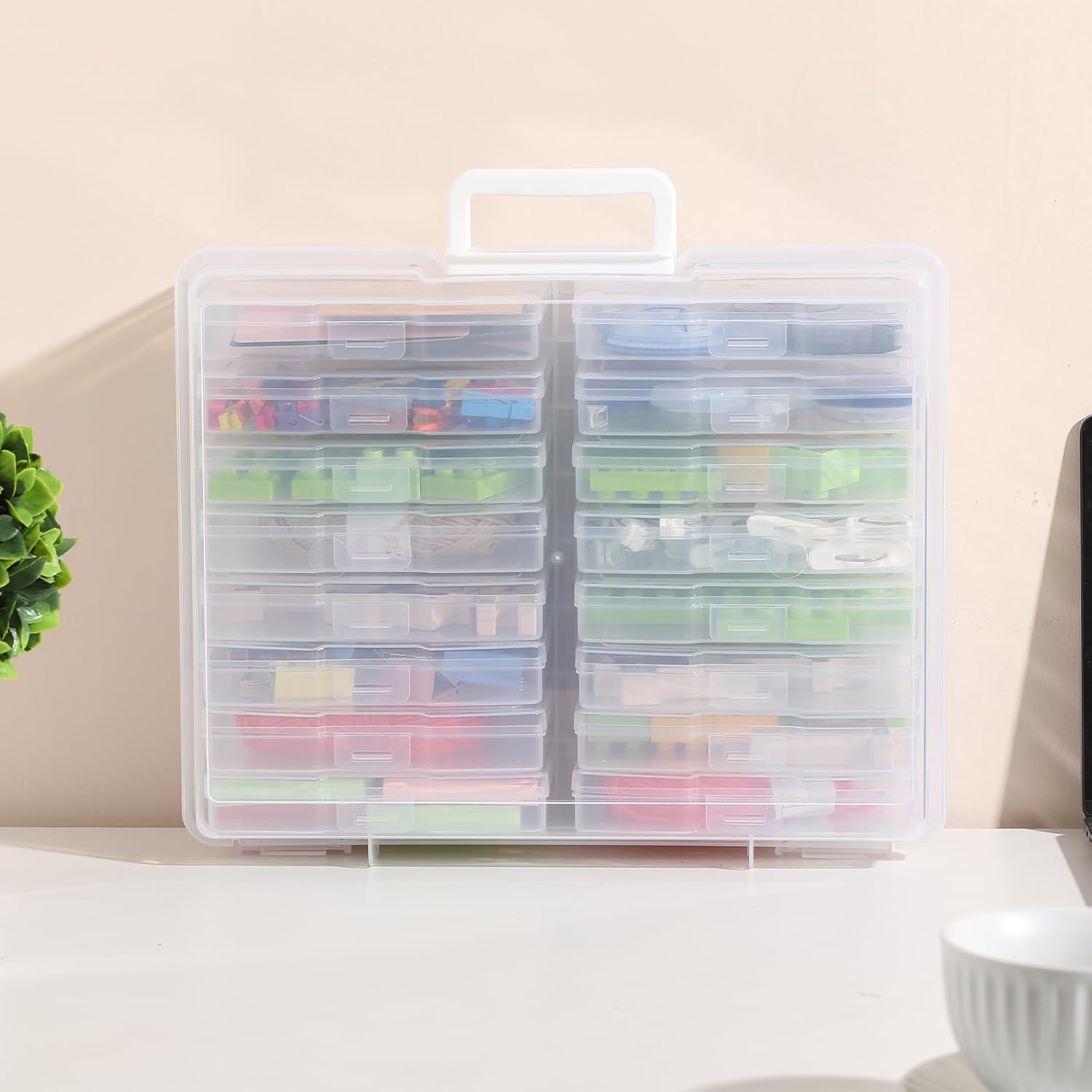 Novelinks Transparent Photo Cases - 4" x 6" Craft Keeper with Handle & 16 Inner Organizers | Clear Storage Box