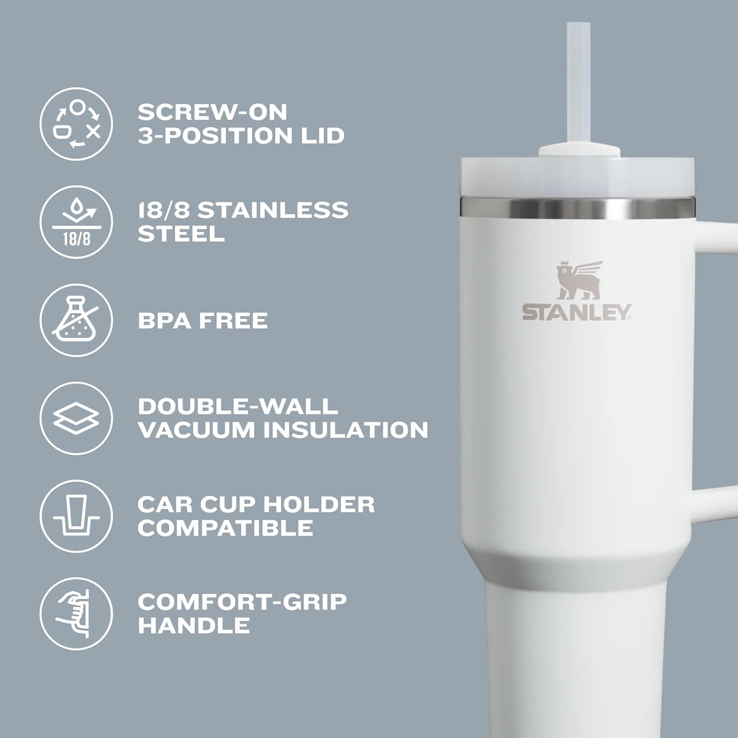 STANLEY Quencher H2.0 Tumbler - Insulated 20 oz Stainless Steel Cup with Handle & Straw | Cream 2.0