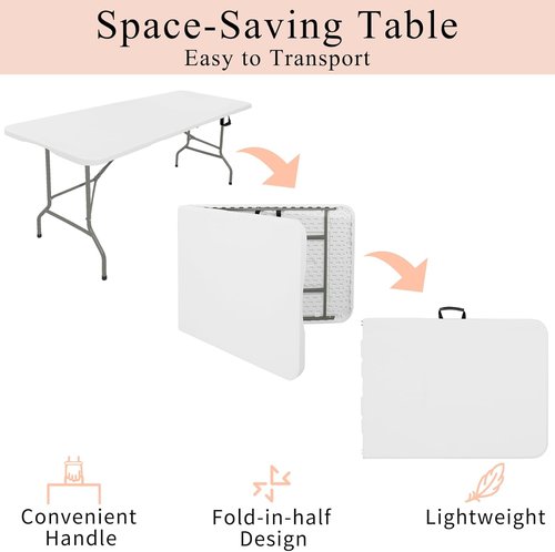 Folding Tables Set of 2 - Lightweight Rectangular Portable Plastic with Steel Legs | 5.85FT White for Events & Picnics