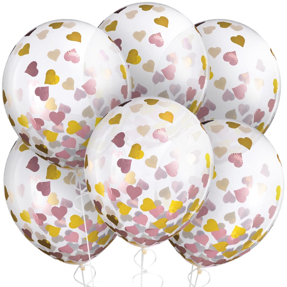 Pink & Gold Hearts Confetti Latex Balloons - 12" (6 Pc) - Ideal for Parties, Weddings & Celebrations