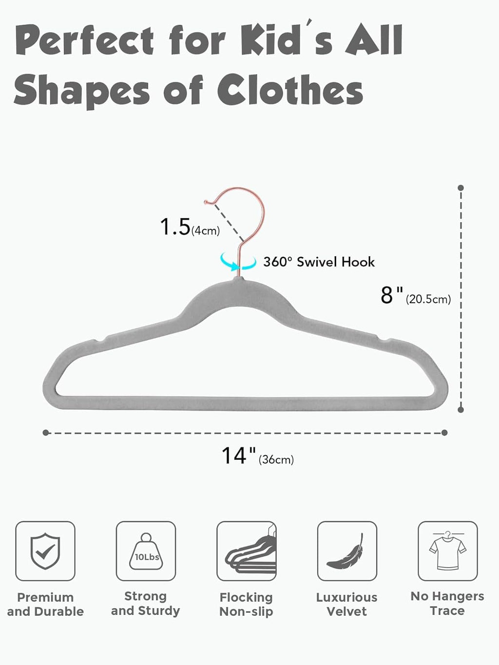 Smartor Kids Velvet Hangers - 50 Pack Premium Non-Slip Felt Hangers for Toddler Clothes | 14 Inch Grey with Rose Gold Hook