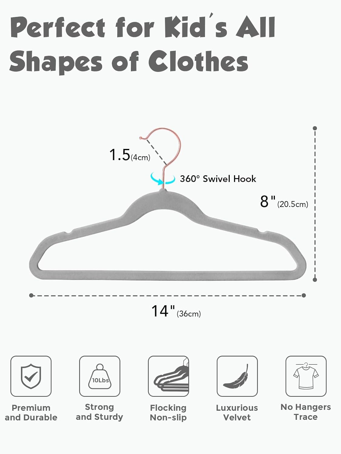 Smartor Kids Velvet Hangers - 50 Pack Premium Non-Slip Felt Hangers for Toddler Clothes | 14 Inch Grey with Rose Gold Hook