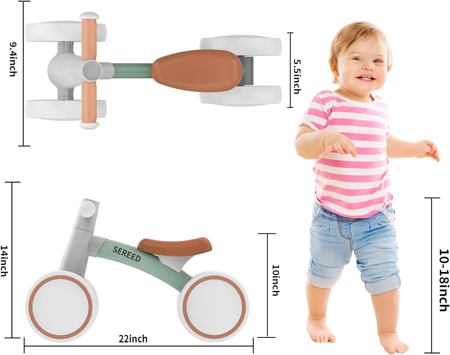 SEREED Baby Balance Bike - 4-Wheel Toddler Bike for 1 Year Olds | Perfect First Birthday Gift