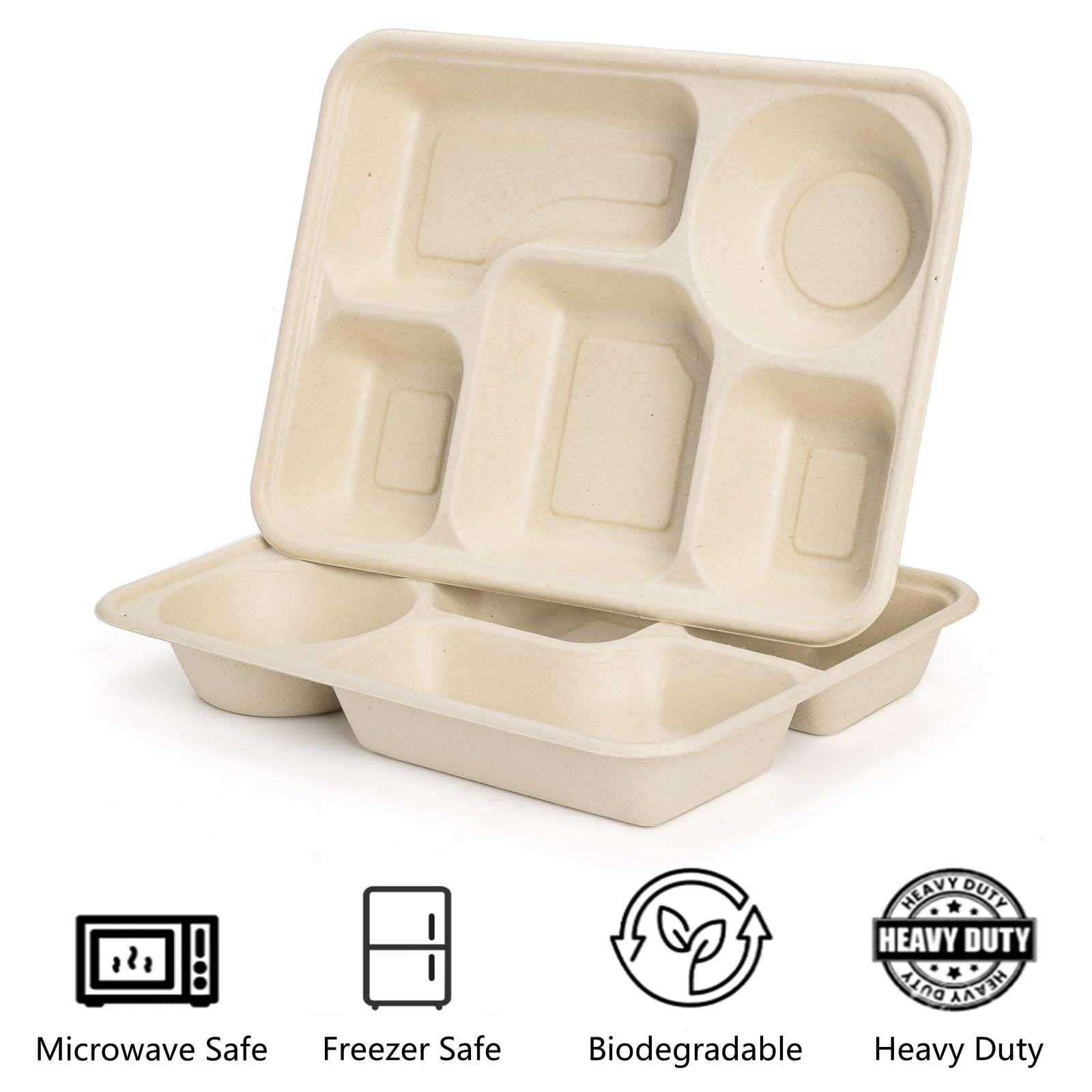 Hacaroa 50 Pack 5 Compartment Paper Plates Disposable, 11" x 8" Compostable Bagasse Plate School Lunch Trays, Biodegradable Divided Sugarcane Plates for Party, Picnic, Heavy Duty