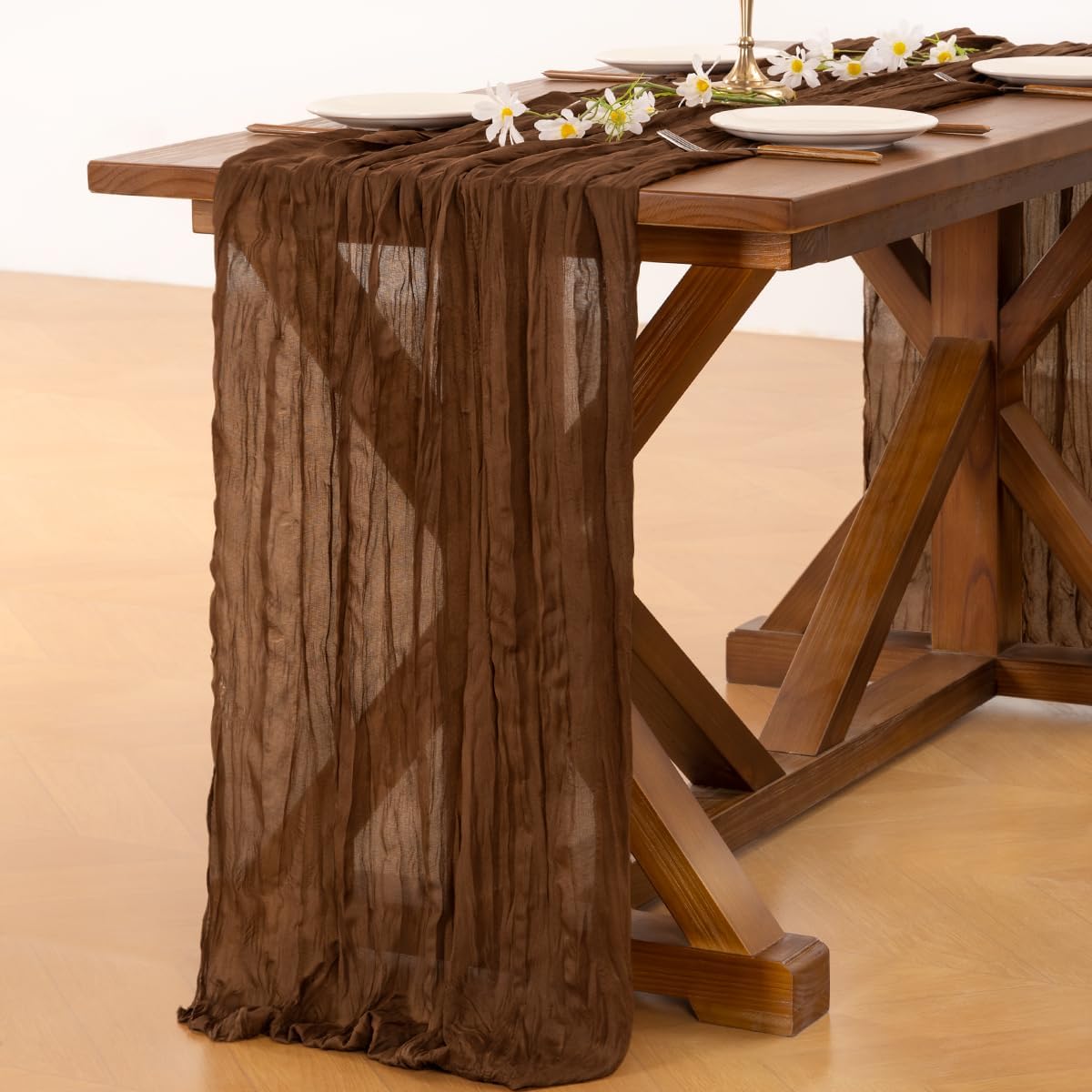 Socomi 3-Piece Brown Coffee Cheesecloth Table Runner - Boho Rustic 120 Inch for Weddings & Events