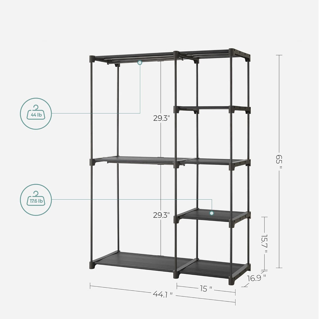 SONGMICS Portable Closet - Freestanding Clothes Organizer with Shelves & Hanging Rods | Black, 44.1 x 16.9 x 65 Inches