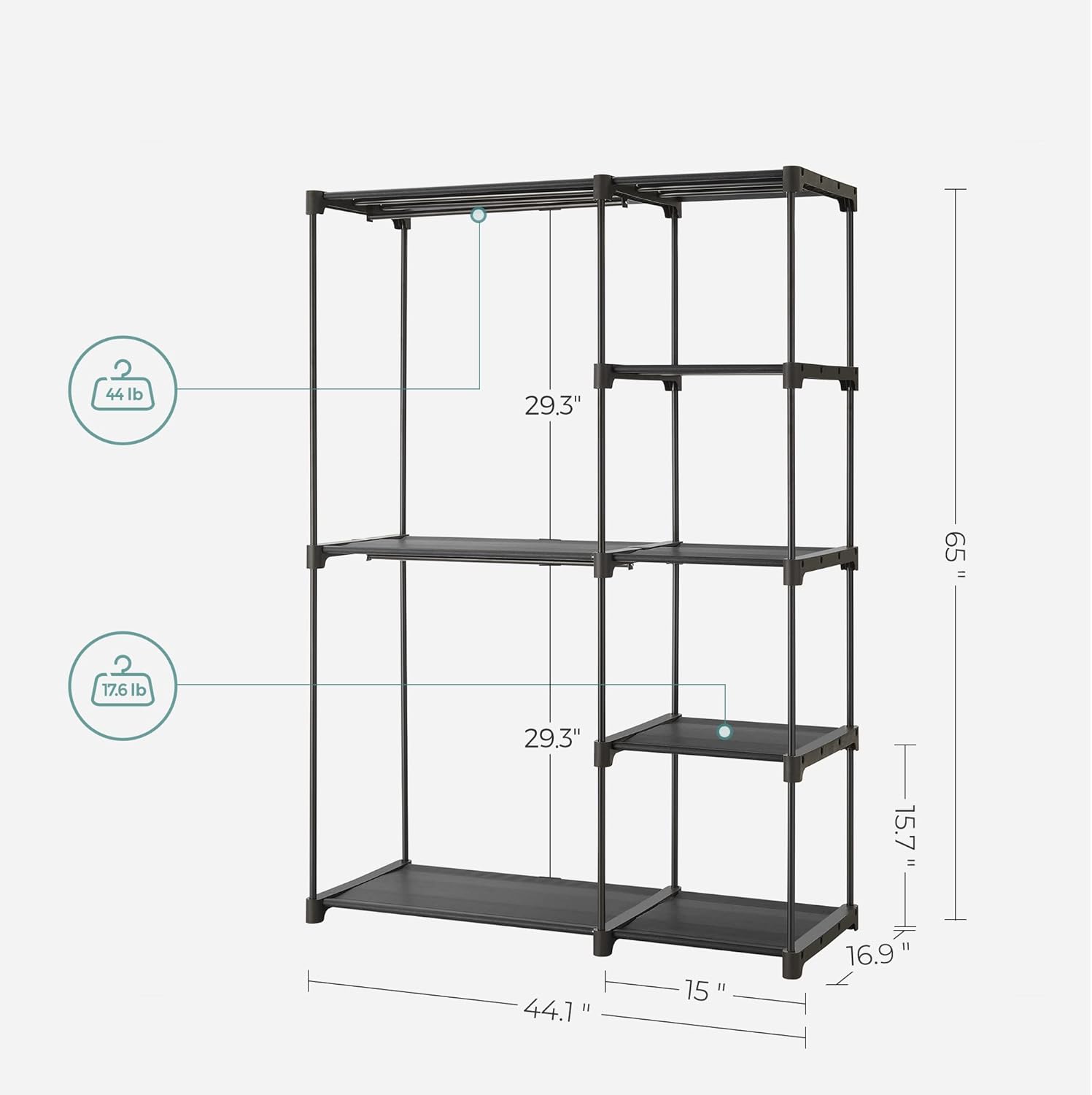 SONGMICS Portable Closet - Freestanding Clothes Organizer with Shelves & Hanging Rods | Black, 44.1 x 16.9 x 65 Inches