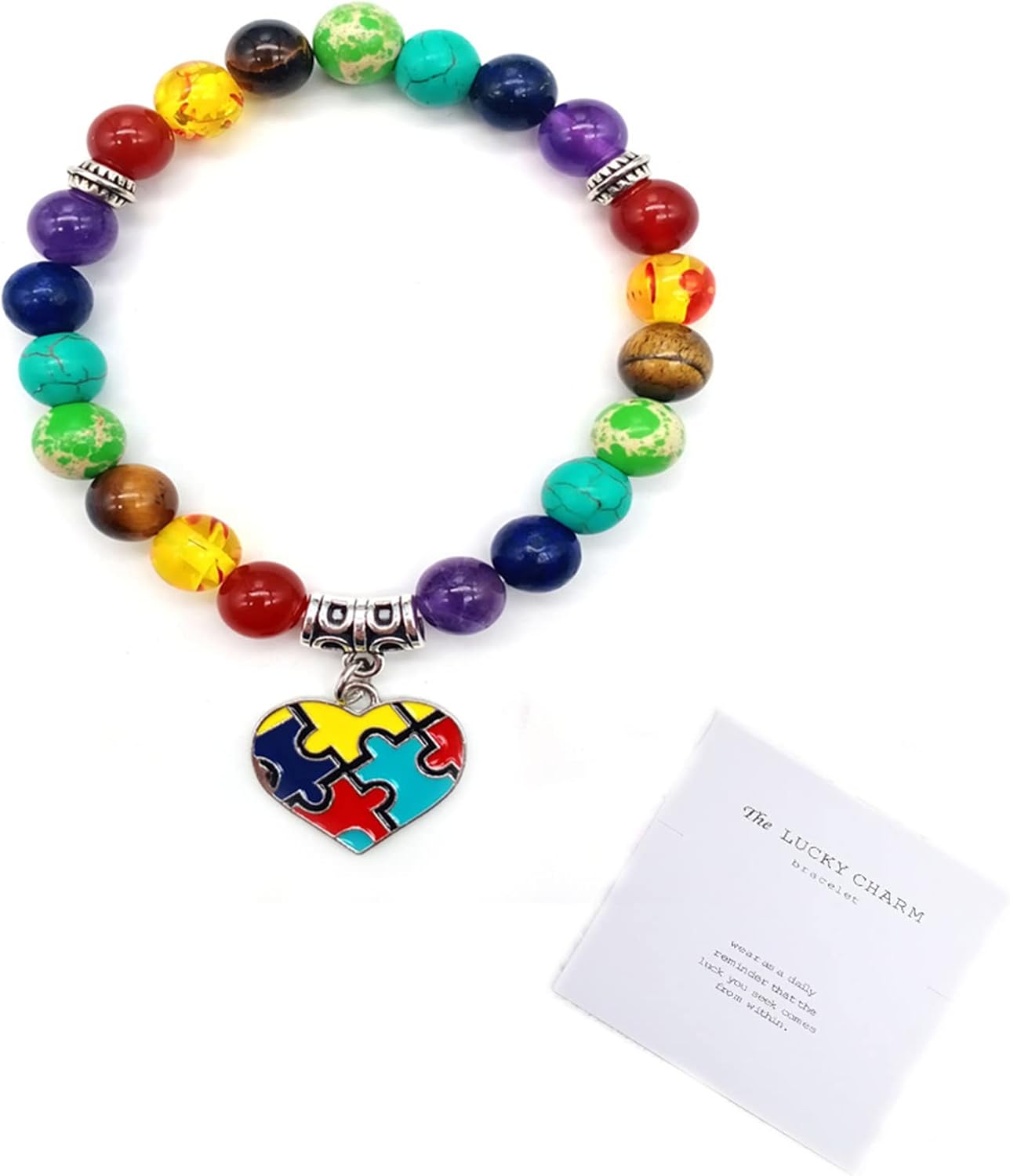 Skiennix Autism Awareness 7 Chakra Gemstone Bracelet - Heart & Ribbon Design for Yoga & Meditation