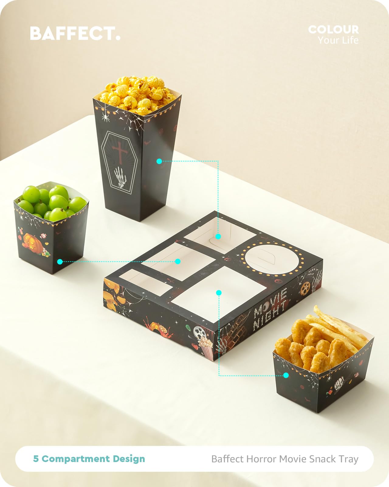 Baffect Movie Night Snack Trays 100pcs Include 20 Movie Night Trays, 20 Popcorn Boxes, 20 Salad Bowls, 20 Nacho Bowls, 20 Movie Party Invitations, Horror Movie Night Supplies for Nacho Bar