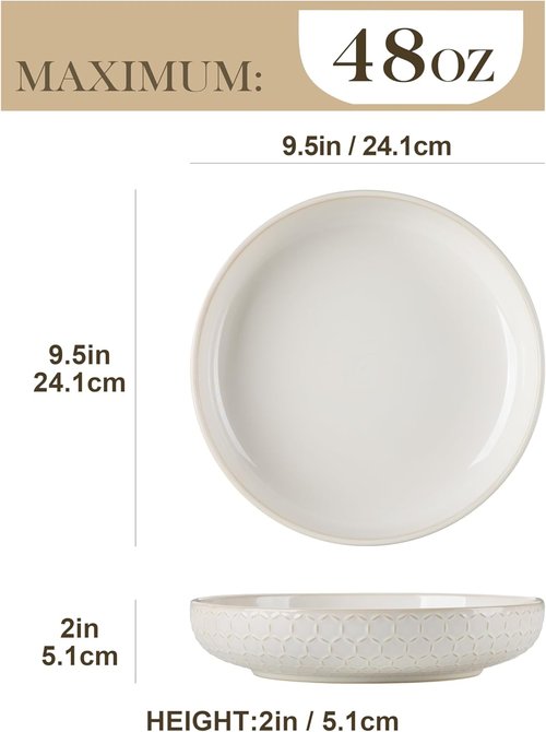MALACASA Pasta Bowls - 48 Oz Large Ceramic Salad Bowls | Modern Relief Design, Set of 4, Microwave & Dishwasher Safe